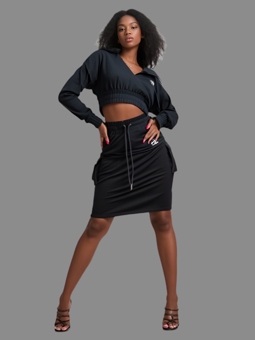 Star Life Cropped Hoodie & Cargo Skirt Set – Black