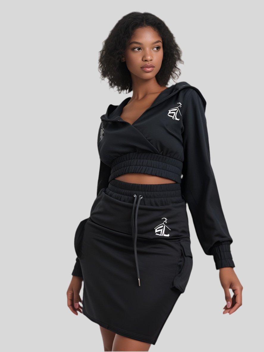 Star Life Cropped Hoodie & Cargo Skirt Set – Black